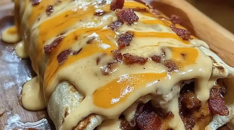 Huge Bacon Cheeseburger Burrito with Bacon & Creamy Cheese Sauce