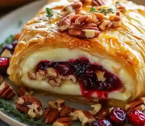 Baked Brie with Puff Pastry, Cranberry-Pepper Jelly & Pecans