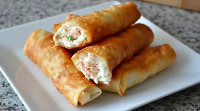 Crispy Crab Rangoon Egg Rolls filled with fresh crab, cream cheese, and spices – a golden delight for your taste buds.