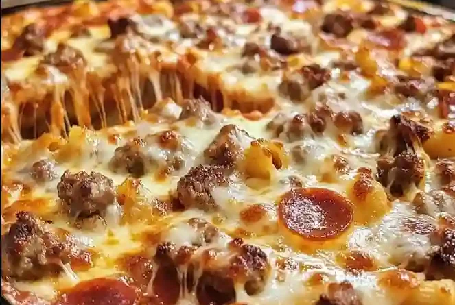Meat Lovers Pizza Casserole with layers of pepperoni, sausage, bacon, and melted cheese on a golden crust.