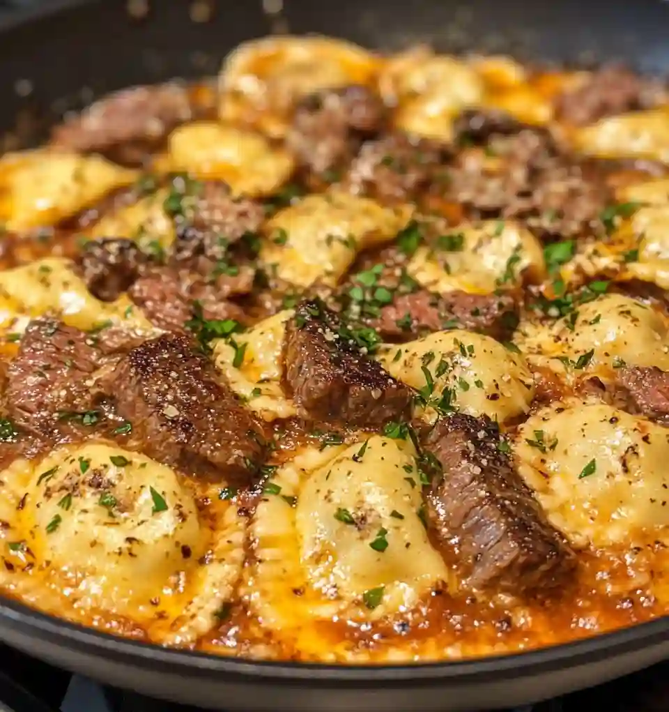 One-Skillet Garlic Butter Steak & Cheese Ravioli