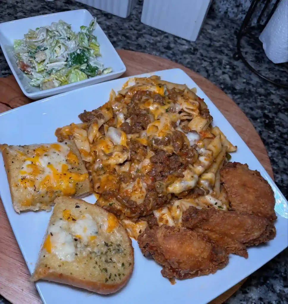 Baked Ziti, Fried Chicken, Caesar Salad & Garlic Bread