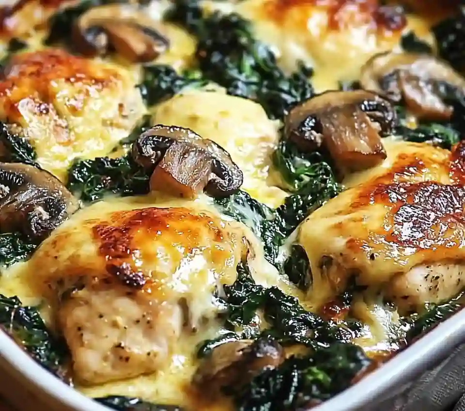 Cheesy Baked Chicken with Spinach & Mushrooms