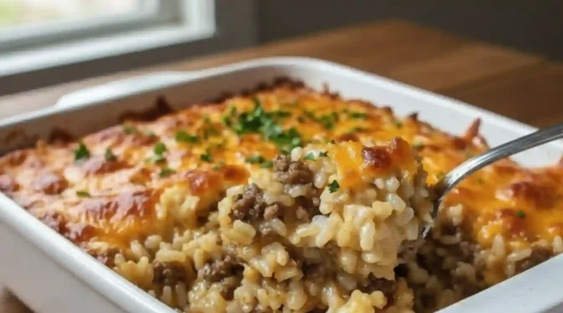 Cheesy Ground Beef and Rice Casserole recipe