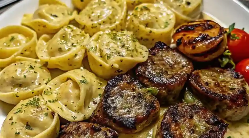 Garlic Butter Steak Bites & Creamy Pesto Alfredo Tortellini