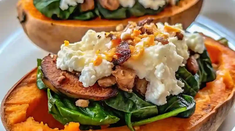 STUFFED SWEET POTATOES WITH SPINACH, MUSHROOM, FETA, AND ROSEMARY