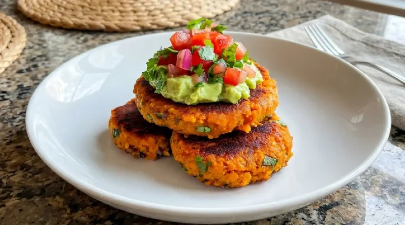 Sweet Potato Patties with Red Lentils and Creamy Avocado Cilantro Sauce