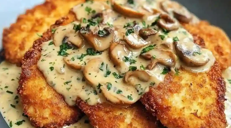 Crispy Golden Chicken with Parmesan Mushroom Sauce
