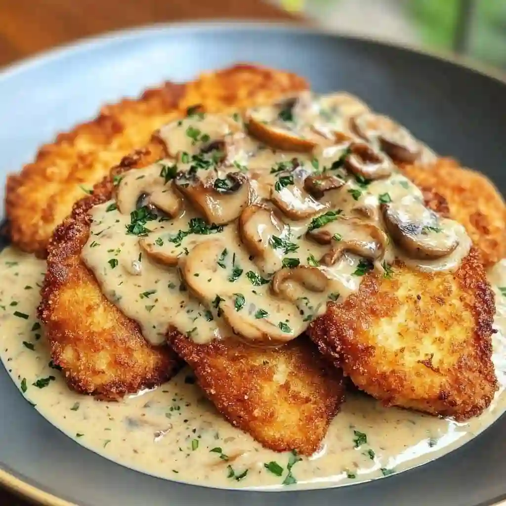 Crispy Golden Chicken with Parmesan Mushroom Sauce