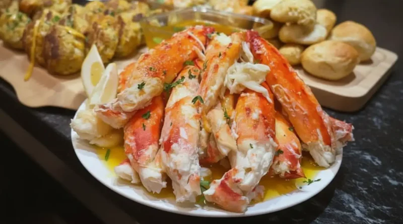 A close-up of a single baked crab leg with a buttery sauce.