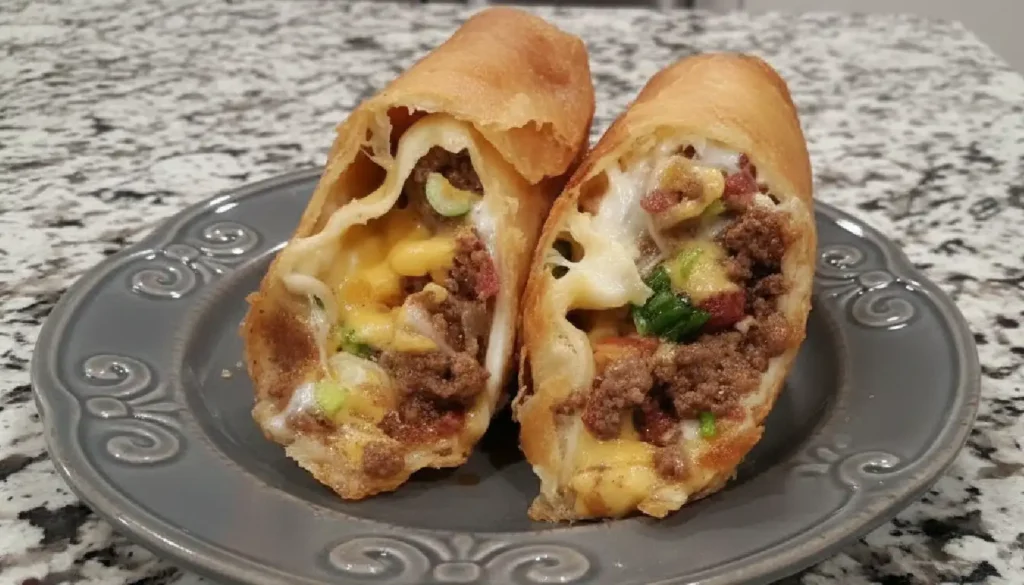 A plate of homemade beef and cheese chimichangas with toppings such as sour cream, guacamole, and salsa.