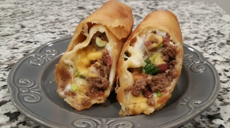 A plate of homemade beef and cheese chimichangas with toppings such as sour cream, guacamole, and salsa.