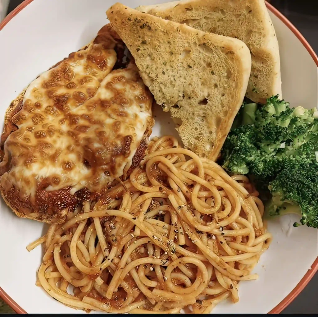 Chicken Parmesan with Spaghetti, Garlic Bread & Broccoli