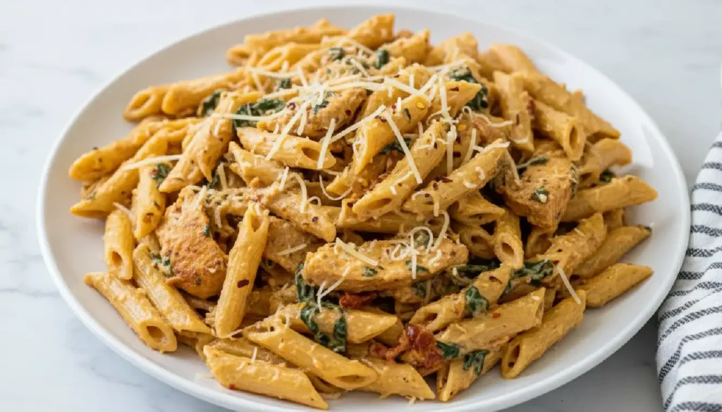 Creamy Garlic Chicken Pasta {with Tomato & Spinach}