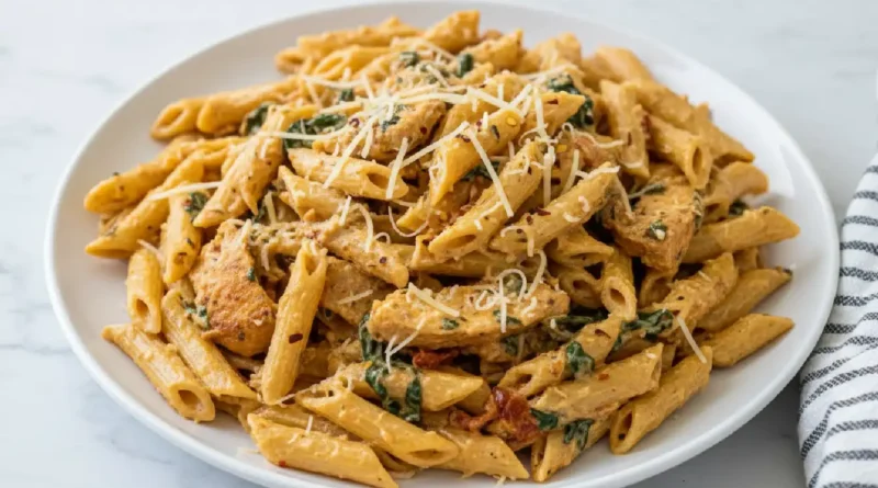 Creamy Garlic Chicken Pasta {with Tomato & Spinach}