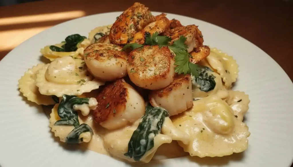 A plate of pasta with Creole Garlic Alfredo sauce, cheese stuffed tortellini, Cajun shrimp, and scallops