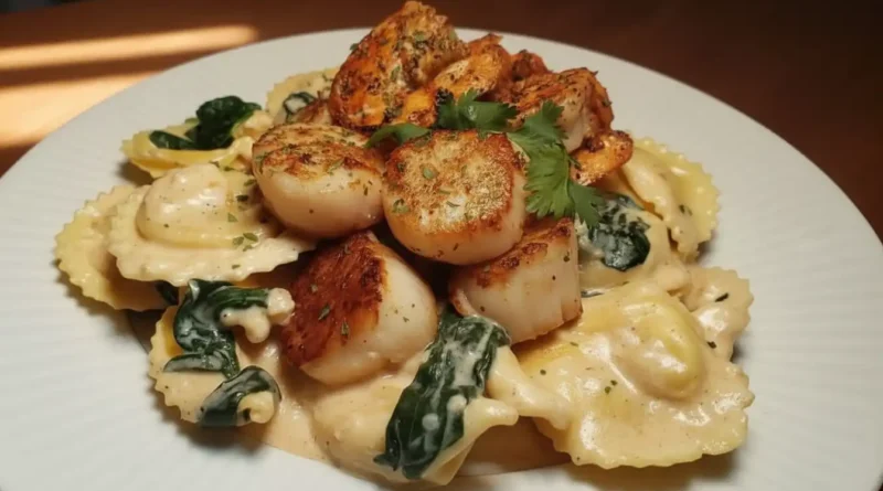 A plate of pasta with Creole Garlic Alfredo sauce, cheese stuffed tortellini, Cajun shrimp, and scallops