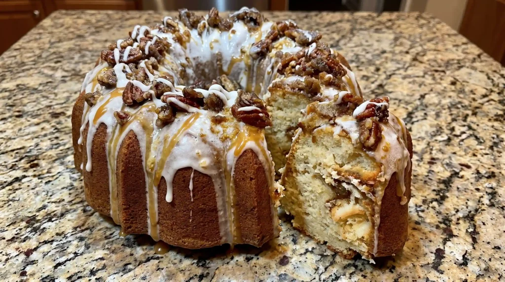 Peach Cobbler Pound Cake - A visual delight showcasing layers of cream cheese, fresh peaches, and a drizzling glaze on a bundt pan