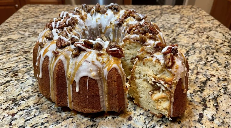 Peach Cobbler Pound Cake - A visual delight showcasing layers of cream cheese, fresh peaches, and a drizzling glaze on a bundt pan