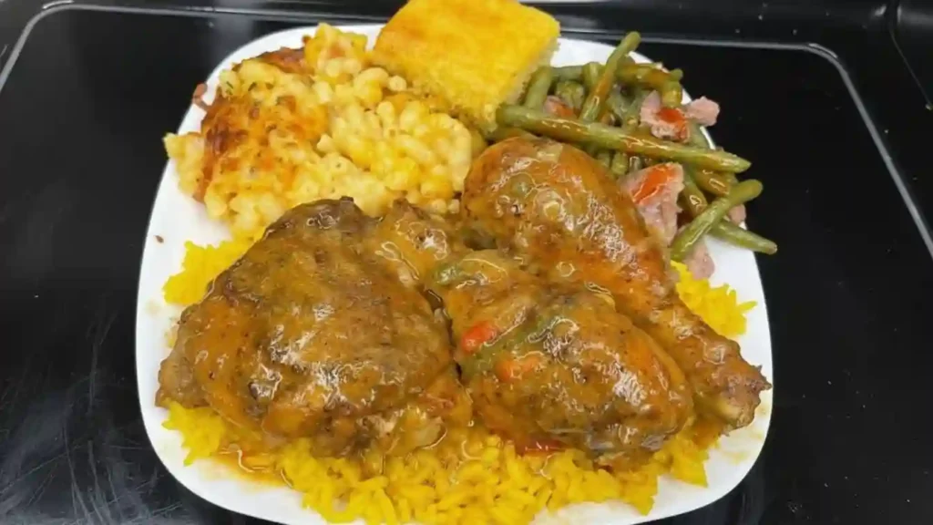 Smothered Chicken over Rice, Baked Mac and Cheese, Green Beans with Smoked Turkey, and Cornbread Recipe