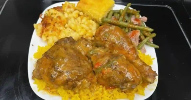 Smothered Chicken over Rice, Baked Mac and Cheese, Green Beans with Smoked Turkey, and Cornbread Recipe