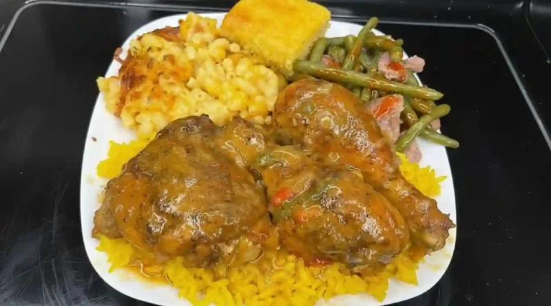 Smothered Chicken over Rice, Baked Mac and Cheese, Green Beans with Smoked Turkey, and Cornbread Recipe