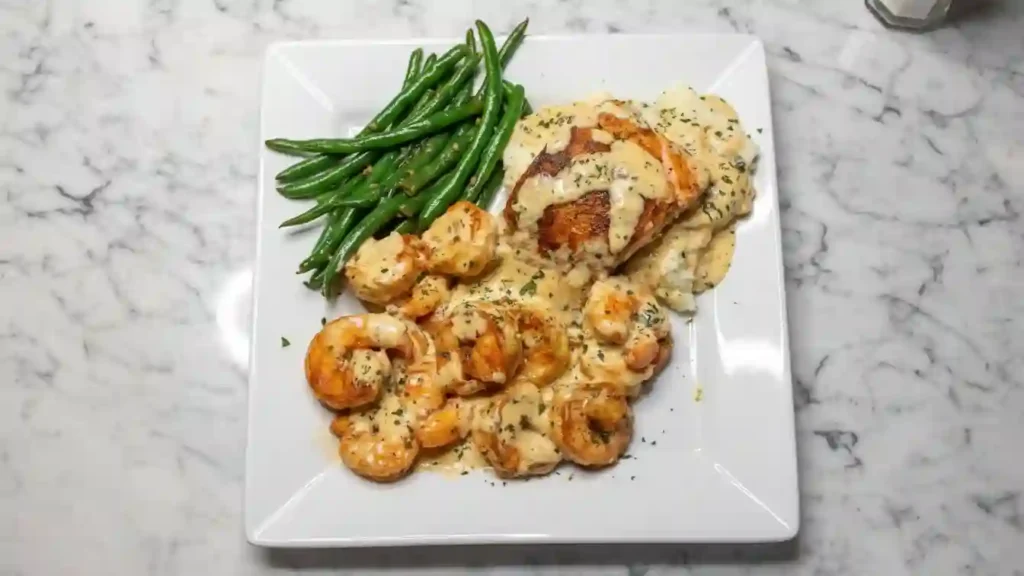 Close-up of a plate with Cajun-spiced shrimp and salmon drizzled in a rich, golden garlic cream sauce. Creamy mashed potatoes and vibrant green beans are arranged alongside.