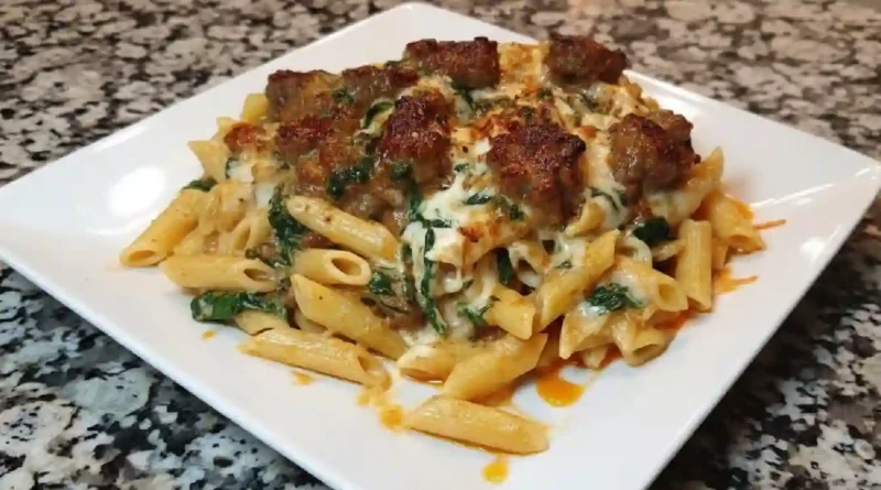 Garlic Butter Beef and Sausage Penne with Spinach