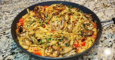 Close-up of Jerk Shrimp Fettuccine with Parmesan Cheese
