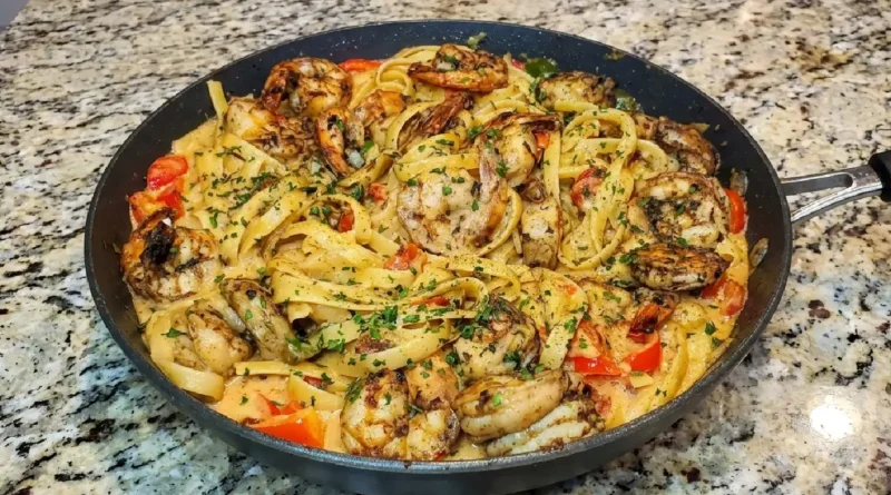 Close-up of Jerk Shrimp Fettuccine with Parmesan Cheese