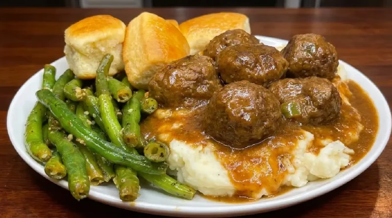 Smothered Meatballs and Gravy over Mashed Potatoes Recipe