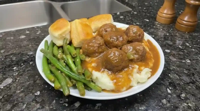 Smothered Meatballs and Gravy over Mashed Potatoes Recipe