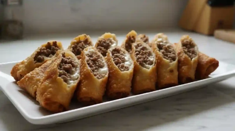 Philly Cheesesteak Egg Rolls - Irresistible fusion of ground beef, cheese, and peppers in a crispy wrapper.