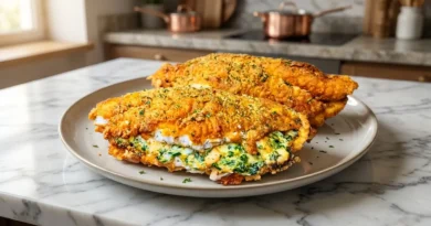 A golden brown baked catfish with a creamy cheese, spinach, and shrimp stuffing visible through the top.
