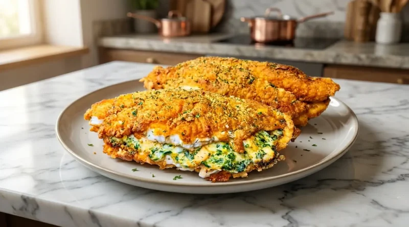 A golden brown baked catfish with a creamy cheese, spinach, and shrimp stuffing visible through the top.