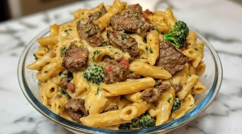 Creamy Steak Bites Penne with Broccoli in White Sauce