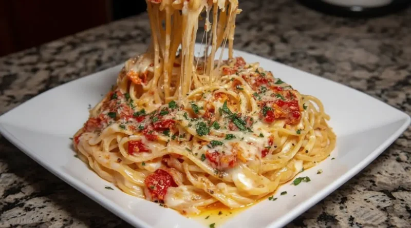 Cheesy Spaghetti in Garlic Parmesan & Cream Cheese Tomato Sauce