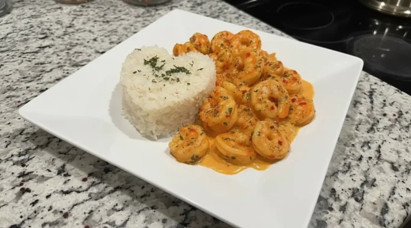 Creamy Shrimp in Spicy Garlic Sauce with Heart-Shaped Rice