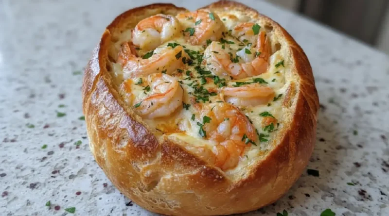 Cheesy Garlic Shrimp Bread Bowl