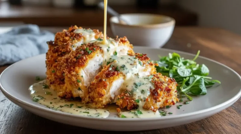 Crispy Parmesan Chicken with Garlic Cream Sauce