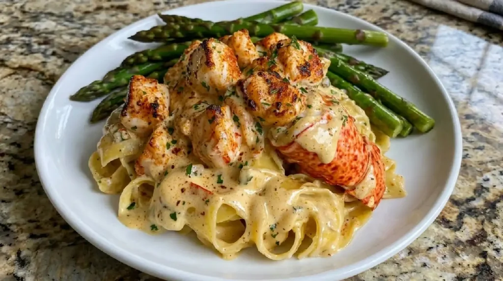 Cajun Butter Lobster Tail with Creamy Garlic Pasta & Roasted Asparagus Recipe