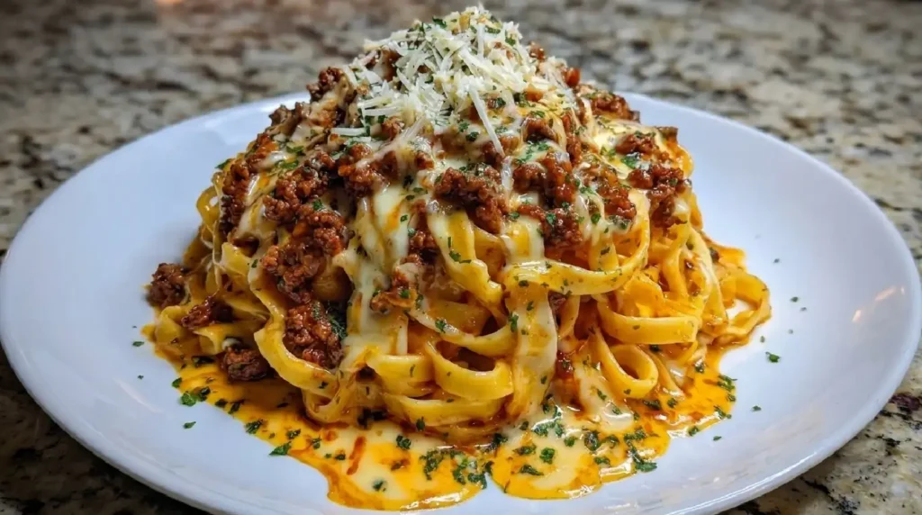 Spicy Garlic Beef Fettuccine in Creamy Provolone Sauce