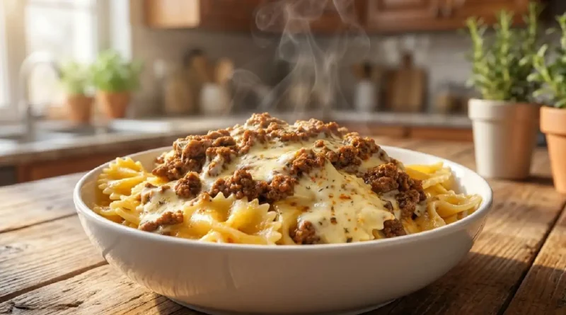 Homemade Creamy Beef Farfalle with Garlic, Cheddar, and Melted Mozzarella
