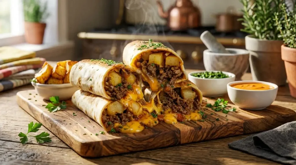 Loaded Beef & Potato Cheesy Burritos