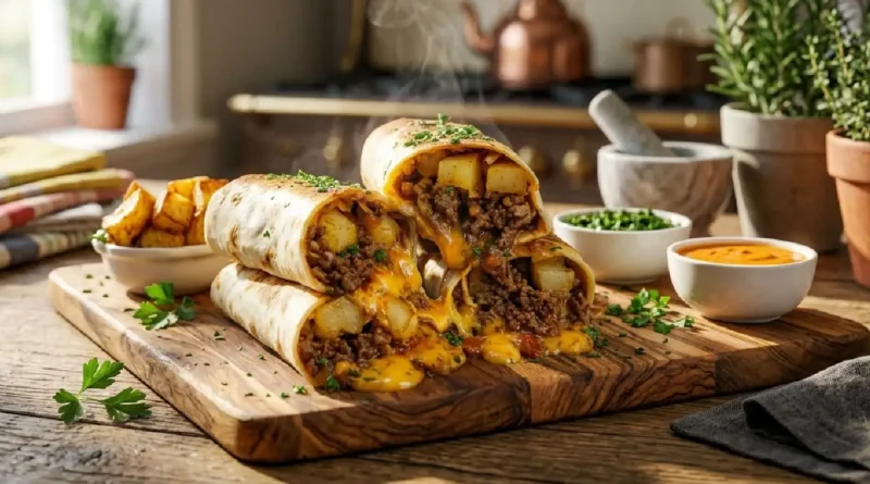 Loaded Beef & Potato Cheesy Burritos